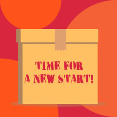 Text sign showing Time For A New Start. Business photo showcasing something is supposed to begin right now Fresh job Close up front view open brown cardboard sealed box lid. Blank background
