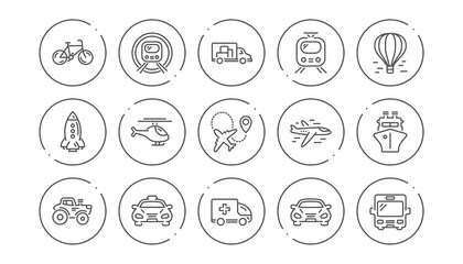 Transport line icons. Taxi, Helicopter and Train. Airplane linear icon set. Line buttons with icon. Editable stroke. Vector