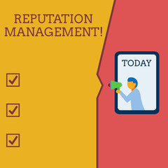 Writing note showing Reputation Management. Business concept for Influence and Control the Image Brand Restoration Geometrical background man chest holding megaphone speech bubble