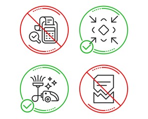 Do or Stop. Vacuum cleaner, Bill accounting and Minimize icons simple set. Corrupted file sign. Vacuum-clean, Audit report, Small screen. Damaged document. Technology set. Line vacuum cleaner do icon