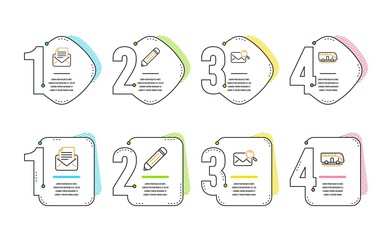 Pencil, Mail correspondence and Search mail icons simple set. Bus tour sign. Edit data, E-mail newsletter, Find letter. Transport. Technology set. Infographic timeline. Line pencil icon. Vector