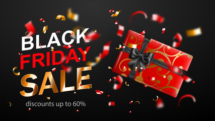 Black Friday sale banner. Gift box with bow and ribbons. Flying shiny blurry red and yellow confetti and pieces of serpentine on dark background. Vector illustration for posters, flyers or cards.