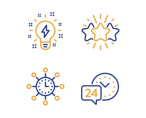 Inspiration, World time and Star icons simple set. 24h service sign. Creativity, Measurement device, Customer feedback. Call support. Technology set. Linear inspiration icon. Colorful design set