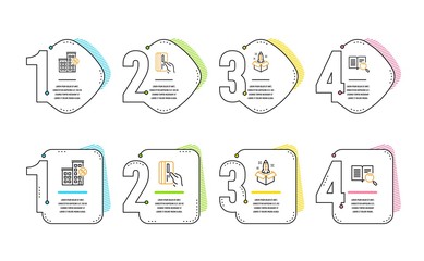 Payment card, Loan house and Startup icons simple set. Search text sign. Credit card, Discount percent, Innovation. Open book. Technology set. Infographic timeline. Line payment card icon. Vector