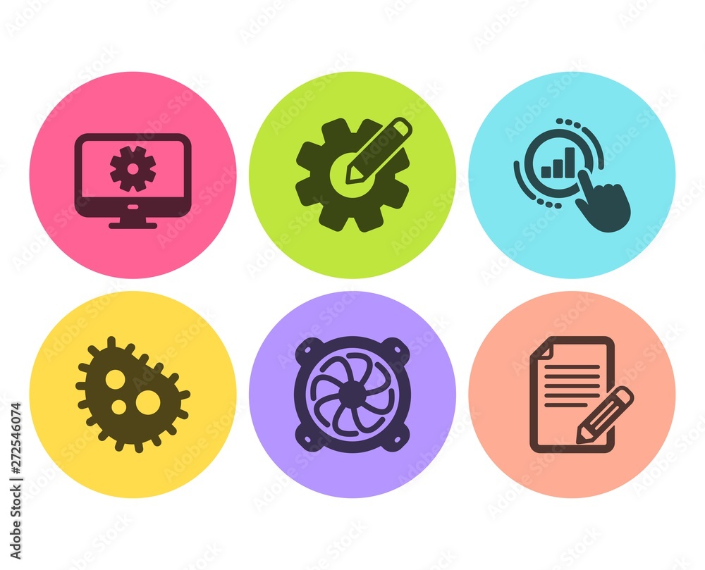 Poster cogwheel, monitor settings and computer fan icons simple set. bacteria, graph chart and article sign
