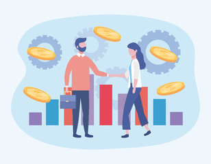 businessman and businesswoman with statistics bar and coins
