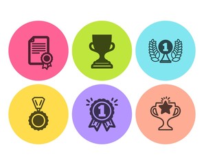 Laureate award, Certificate and Reward icons simple set. Award cup, Medal and Victory signs. Prize, Diploma. Sports set. Flat laureate award icon. Circle button. Vector
