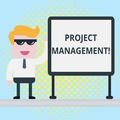 Text sign showing Project Management. Business photo showcasing Application Process Skills to Achieve Objectives and Goal Businessman Office Worker Sunglasses Blank Whiteboard Meeting Presentation