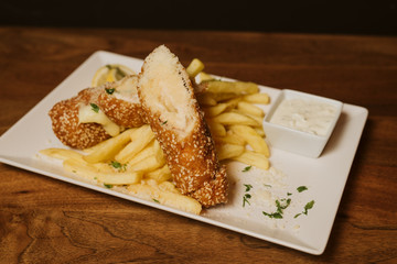  Chicken breast and French fries at the restaurant
