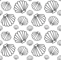 Vector seamless pattern of black line shell isolated on white background 