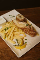  Chicken breast and French fries at the restaurant