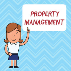 Word writing text Property Management. Business photo showcasing Overseeing of Real Estate Preserved value of Facility Woman Standing with Raised Left Index Finger Pointing at Blank Text Box