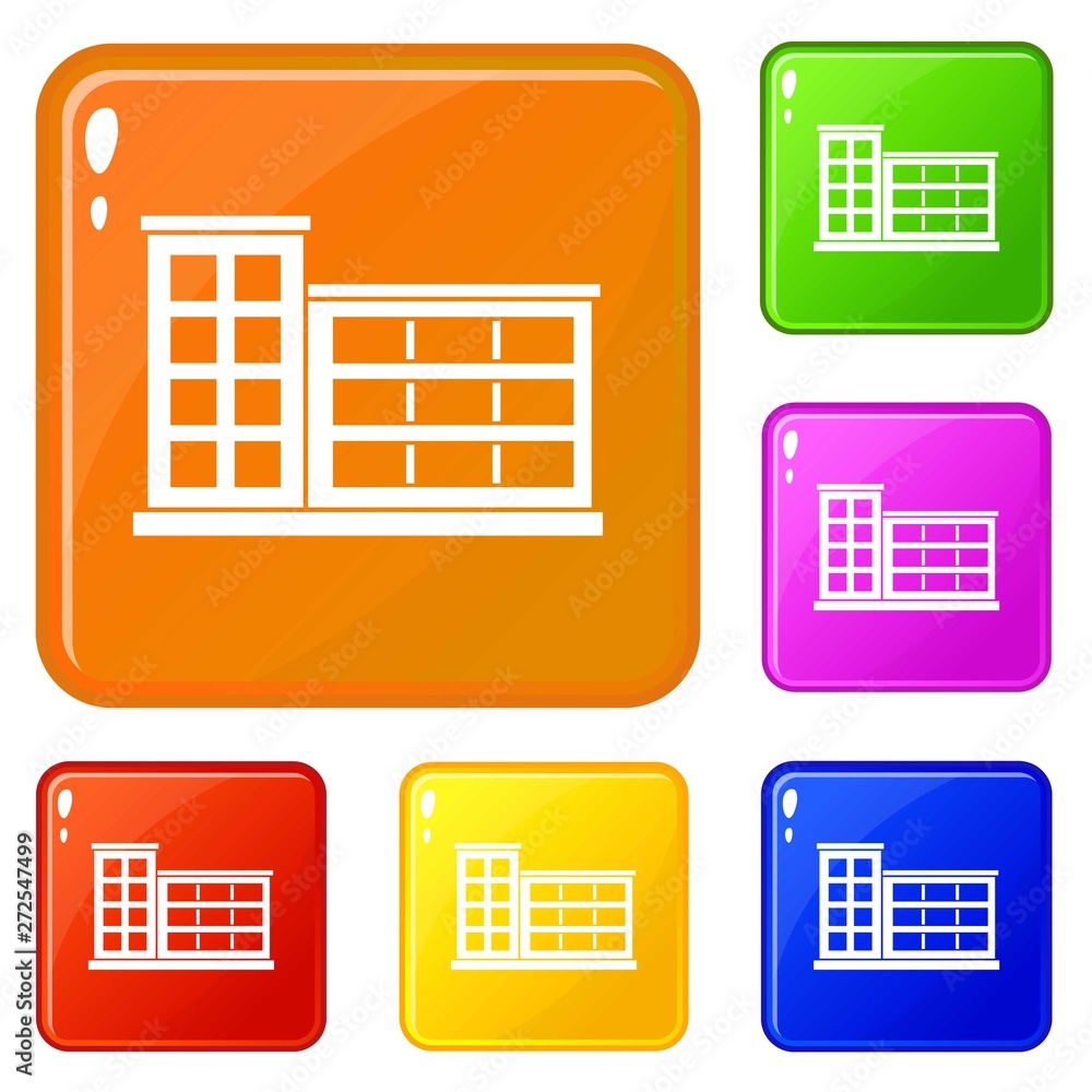 Poster industrial factory building icons set collection vector 6 color isolated on white background
