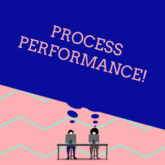 Word writing text Process Perforanalysisce. Business photo showcasing Measures Process effectively Meet organizations Objective Man with purple trousers sit on chair talk to fellow near computer table