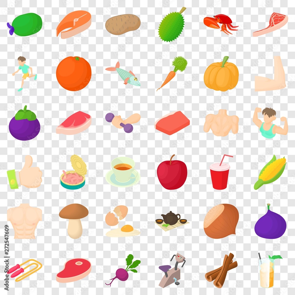 Poster diet icons set. cartoon style of 36 diet vector icons for web for any design