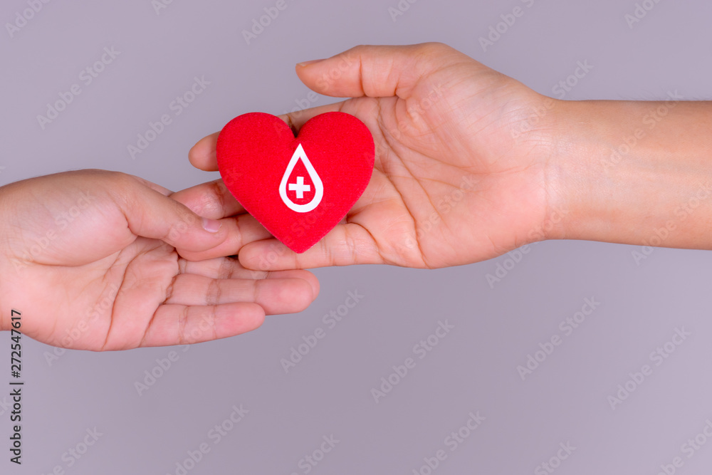 Wall mural woman hand gives a red heart to a boy hand for blood donation concept,world blood donor day. copy sp - Wall murals