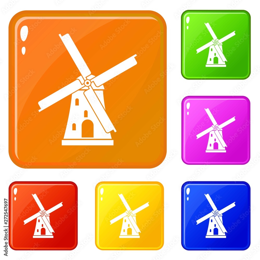 Poster ancient windmill icons set collection vector 6 color isolated on white background