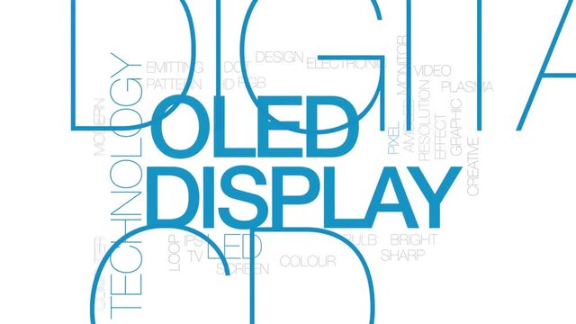 OLED display animated word cloud, text design animation. Kinetic typography.