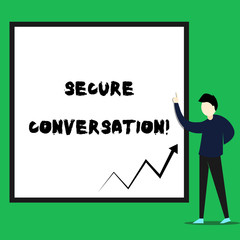 Writing note showing Secure Conversation. Business concept for Secured Encrypted Communication between Web Services Young man standing pointing up rectangle Geometric background