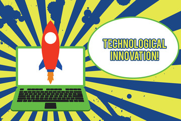 Text sign showing Technological Innovation. Business photo showcasing New Invention from technical Knowledge of Product Launching rocket up laptop . Startup project. Developing goal objectives