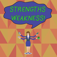 Word writing text Strengths Weakness. Business photo showcasing Opportunity and Threat Analysis Positive and Negative Businesswoman with Four Arms Extending Sideways Holding Workers Needed Item