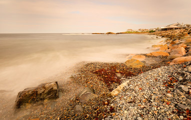 The scenic view of Marginal Way at Coast Line of Ogunquit at sunset, Maine. Originally built in...