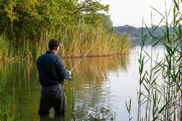 angler standing in the lake and catching the fish