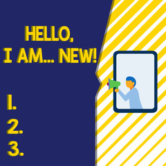 Writing note showing Hello I Am New. Business concept for used greeting or begin telephone conversation Man stands in window hold loudspeaker speaking trumpet without listener