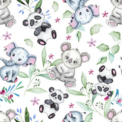 Hand-drawn watercolor children’s animals seamless patterns with cute lion, giraffe, elephant, Rhino, monkey, Zebra, crocodile, iguana, wombat, Panda, Koala 
