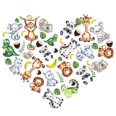 Hand-drawn watercolor children’s animals compositions heart and circle with cute lion, giraffe, elephant, Rhino, monkey, Zebra, crocodile, iguana, wombat, Panda, Koala 
