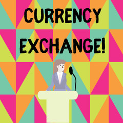 Word writing text Currency Exchange. Business photo showcasing rate at which one currency will be exchanged for another Businesswoman Standing Behind Podium Rostrum Speaking on Wireless Microphone