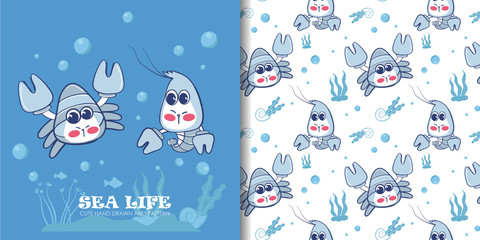 Hand drawn sea life with seamless pattern.