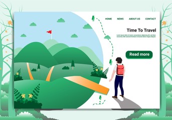 Landing page template Travel Concept A Men who are walking into the forest to aim for a holiday destination.