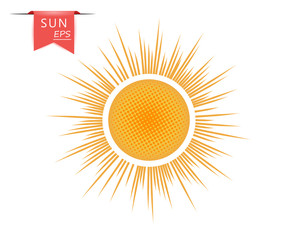 Creative orange, yellow art sun with outgoing dotted rays. The vector element is isolated on a light background.