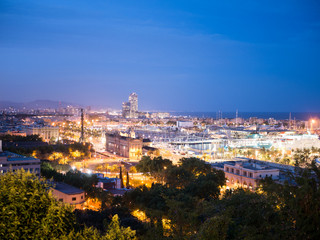 Fototapeta na wymiar Night in the city of Barcelona in Catalonia, Spain. Columbus Monument and boulevard along Port Vell.