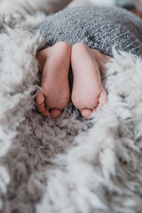 Closeup  newborn baby feet on fluffy blanket. Copy space