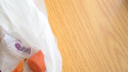 organic waste in white biodegradable bag panning right copy space