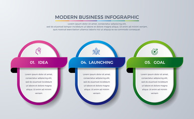 Infographic design with 3 process or steps. Infographic for diagram, report, workflow and more. Infographic with modern and simple icon. Idea, research, process, launching, growth, goal illustration.