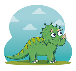 triceratops wild dinosaur character with clouds