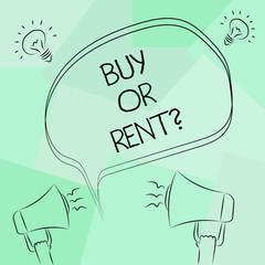 Conceptual hand writing showing Buy Or Rentquestion. Business photo text asking someone if you should pay for use or peranalysisent Freehand Outline Sketch of Speech Bubble Megaphone Idea Icon