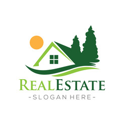 Real Estate, Green House, Forest home Logo Vector