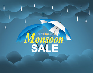rainy, monsoon season sale. design with raining drops, umbrella and rain clouds on blue background. vector.