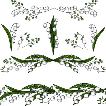 lily of the valley vector set:  seamless pattern with lilies, frame,  lily of the valley vector isolated elements on a white background