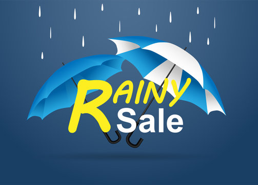 rainy, monsoon season sale. design with raining drops, umbrella and rain clouds on blue background. vector.