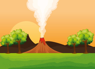 nature volcano smoke with mountains and trees with sun