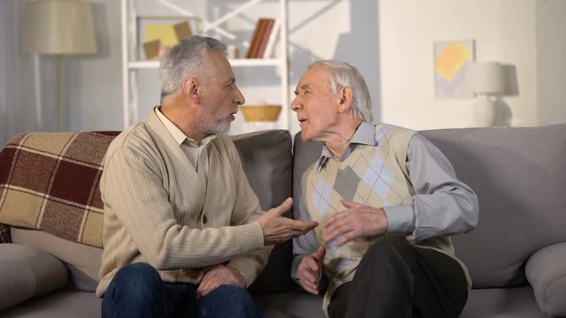 Aged male friends quarrelling on sofa at home, misunderstanding, conflict