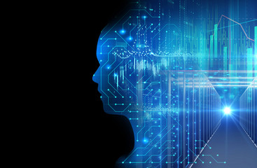 Obraz premium silhouette of virtual human on circuit pattern technology 3d illustration