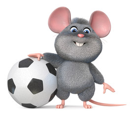 3d illustration funny mouse playing football/3d illustration gray and fluffy little animal doing sports