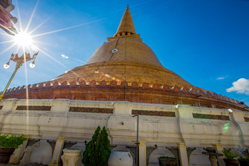 The background of a large pagoda (Phra Pathom Chedi) located in Nakhon Pathom in Thailand, is...