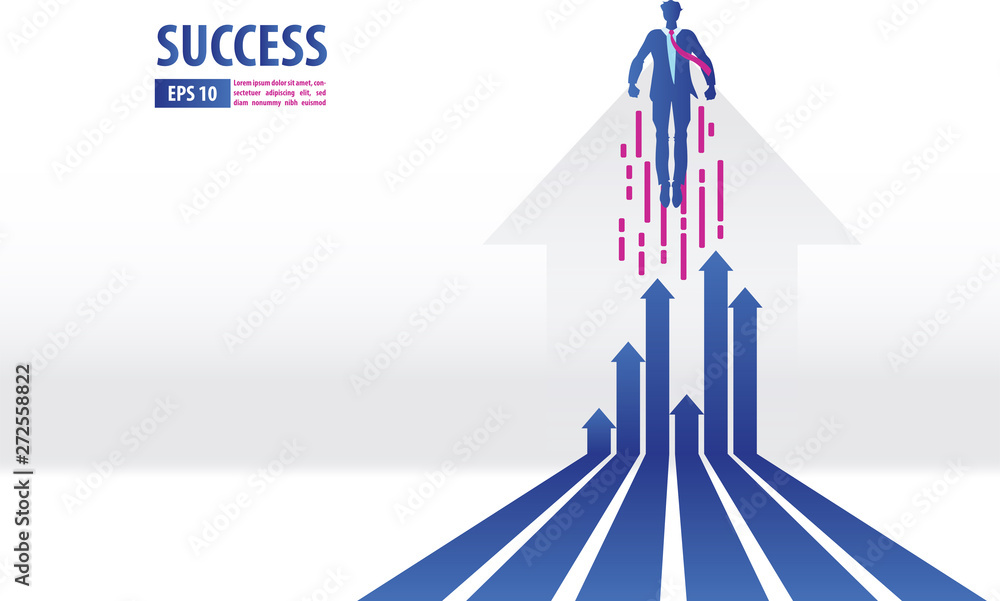 Wall mural business arrows concept with businessman flying to success. growth finance chart up increase profit 